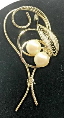 Elegante broche prendedor vintage tono dorado con perlas de imitación 2,25" pulgadas ~ bisutería Foto 1 de 4