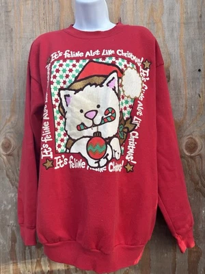 Vintage 90s It's Feline ALot Like Christmas Kitty Cat Red  Sweatshirt ugly  XL - Image 1 of 4