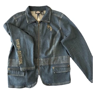 Harley Davidson Rhinestone & Embroidery Back Zipper Sleeve Jean Jacket Size 1W - Picture 1 of 10