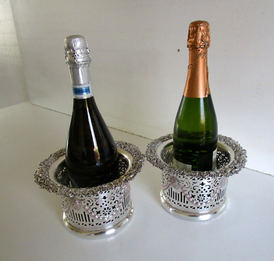Pair Large Silver Plated Wine, Champagne Bottle Coasters, Circa 1850 • 385£
