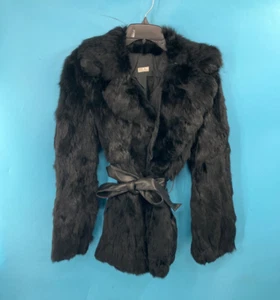 Black Rabbit Fur Womens Coat With Satin Tie Closure Made In Korea Size S - Picture 1 of 7