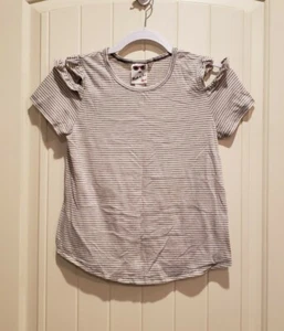 Girls Sz Large Belle Du Jour Gray Striped Blouse Top Shirt Ruffled Cold Shoulder - Picture 1 of 4