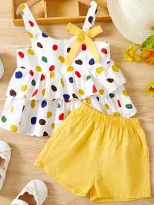 Новый бутик девочек шорты комплект в горошек с оборками верхний желтый шорты карманы 7-8 - Изображение 1 из 4