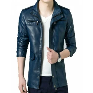 Herren Jacke Leder echt Lammfell blau lang Party Wear Slim Jacket Winter - Bild 1 von 7