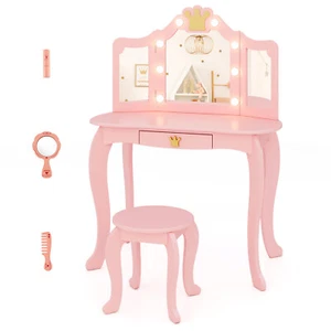 Kids Vanity Set Princess Vanity Table & Chair Set w/ Lighted Mirror - Picture 1 of 10