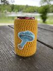 Crochet can koozie soda beer handmade orange yellow yarn mushroom