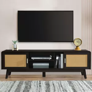 63'' Dark Rattan TV Stand with 2 Storage Cabinets for 65 Inch TV Stand - Picture 1 of 23