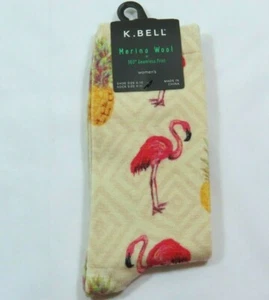  K Bell Womens Merino Wool Blend Flamingos Pineapples Beige Crew Socks Size 9-11 - Picture 1 of 2