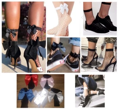 Fishnet mesh ankle socks black white with big bow blue grey red pink net - Image 1 of 4