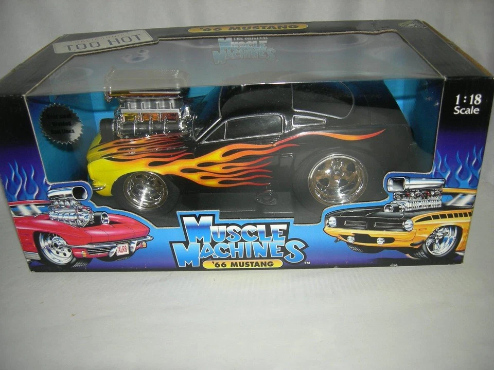 66 Mustang  Black with Flames  new in box 1:18 sc. Mus. Mach.. - Image 1 of 1