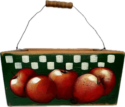Vintage Wooden Caddy Basket Folk Art Hand-Painted Apples Wire/Spindle Handle - Image 1 of 4