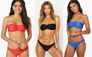 BOOHOO BLACK RED BLUE BANDEAU / HALTER STRAPS BIKINI TOP BRIEFS SET BNWT £16 - Picture 1 of 12