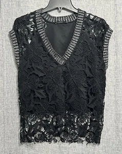 Zara Women's Vest VNeck Layered Crochet Lace Cap Sleeve Black Shirt Top - Size M - Picture 1 of 10