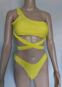 Women's One Shoulder Bikini criss Cross Bathing Suit High Cut Set 2 Piece Size L - Picture 1 of 8