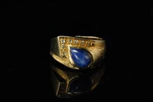 VINTAGE MODERN BLUE STAR SAPPHIRE DIAMONDS 14K GOLD SIGNET BAND RING GLM - Picture 1 of 6