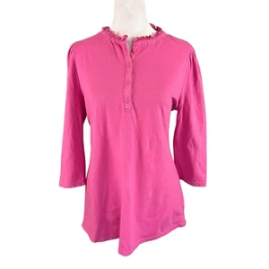 Talbots M Ruffle Neck 1/4 Button Top Pink 3/4 Sleeve 100% Cotton Jersey Tee - Picture 1 of 9