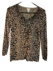 Chicos Sequin Gold Leopard Animal Print Cheetah Sweater Knit blouse  1 Top M 6 8 - Picture 1 of 8