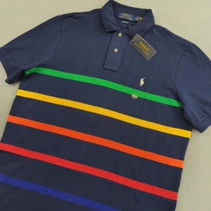 Polo Ralph Lauren Poloshirt Herren Medium marineblau gestreift klassische Passform Netz Pony - Bild 1 von 12
