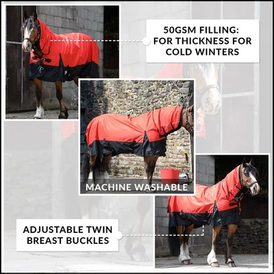 Winter 600D Outdoor Turnout Horse Rug 50G Fill COMBO Full Neck Red/Black 5'3-6'9 - Image 1 of 4
