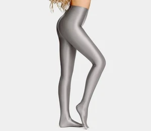 Opaque Silver Glossy Pantyhose Shiny Wet Look Footed High Waist Tights Size 2XL - Bild 1 von 8