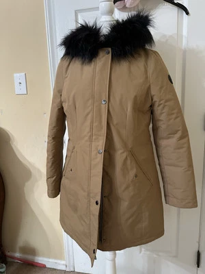 Abrigo parka con capucha Tahari talla M/M acolchado ribete de piel sintética marrón Foto 1 de 4