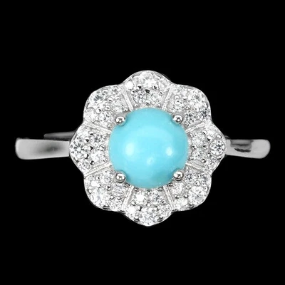 Anillo de plata de ley 925 redondo azul turquesa 6 mm piedras preciosas joyería tamaño 8 Foto 1 de 4