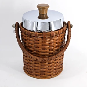 Vintage Rattan Ice Bucket - Chrome Lid/Woven Handle, Mid-Century Coastal Barware - Picture 1 of 10