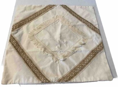 Cream Linen Decorative Throw Pillow Cover Zippered  Fringe Tan Braid 18 X 18 - Image 1 of 4