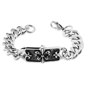 Stainless Steel Silver-Tone Fleur de Lis Link Chain Mens Bracelet - Picture 1 of 2