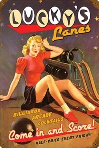 Lucky's Lanes Bowling Come in and Score rusted metal sign 450mm x 300mm REDUCED! - Picture 1 of 1
