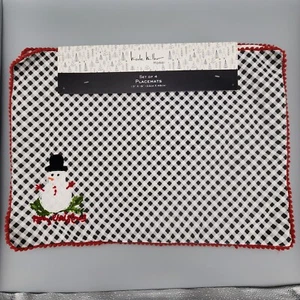 NICOLE MILLER PLACEMATS MERRY CHRISTMAS SNOWMAN BLACK WHITE GINGHAM SET OF 4 - Picture 1 of 8