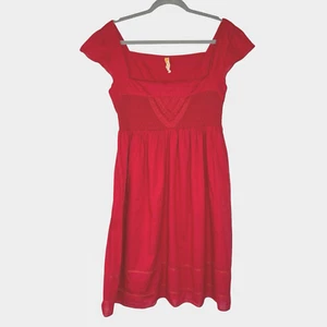 Maeve Anthropologie Gr. 6 rot gesmoktes Empire Kleid Baumwolle gefüttert - Bild 1 von 12