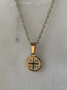 18K Gold Plated Mini Pendant IC XC NIKA Orthodox Greek Cross Coin 20” Necklace - Picture 1 of 4