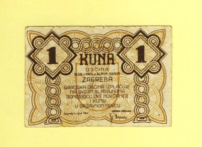 CROATIA 1 KUNA 1942 ZAGREB CITY City money of ZAGREB WWII RARE F++ - Image 1 of 2