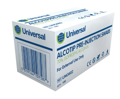 Universal Alcotip Pre-Injection Swabs Alcohol Antiseptic Wipes Pack of 100 - Image 1 of 2