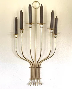Vintage Large Brass Tone Hollywood Regency Cottage Core 6-Candle Wall Sconce - Picture 1 of 10