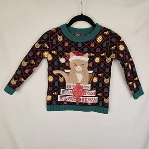 Blizzard Bay Ugly Christmas Sweater Kids Youth Medium 7/8 Cat Pizza Holiday Fun - Picture 1 of 10