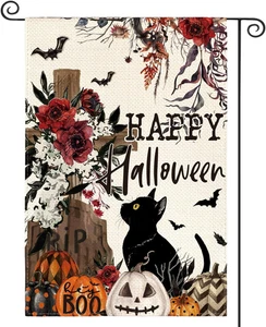 Bandera de jardín de Halloween 12x18 pulgadas doble cara gato negro Jack-O'-Lantern - Imagen 1 de 5
