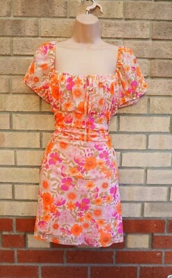 PRIMARK PINK ORANGE PEACH FLORAL MESH SHORT SLEEVE GYPSY BODYCON TEA DRESS 14 L - Image 1 of 4