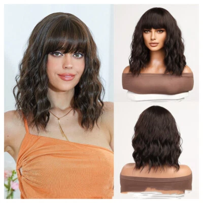 Natural Black Brown Wigs for Women Natural Fluffy Wavy Wig with Bangs for Women - Image 1 of 4