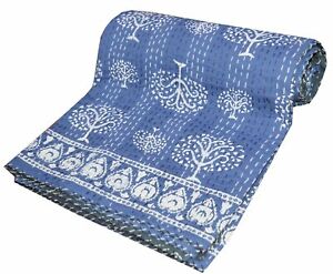 Indian Handmade Kantha Quilt Bedspread Throw Cotton Blanket Twin Blue Tree Art