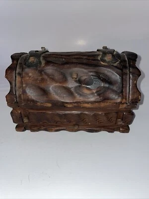 Antique Hand Carved Solid Wood Pirate Treasure Chest Jewelry Box cast iron screw - Image 1 of 4
