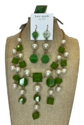 Kate Spade Green pearl gold statement Necklace Earrings Ring Set - Image 1 of 4