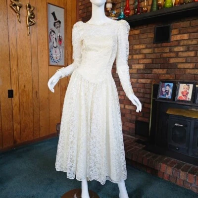 Vtg 80s Victorian Lace Alfred Angelo Illusion White Wedding Puff Dress Gown S - Image 1 of 4