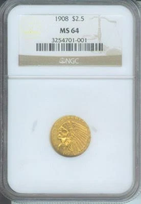 1908 $2.5 INDIAN QUARTER EAGLE NGC MS64 NICE BETTER DATE FIRST YEAR of ISSUE ! - Image 1 of 4