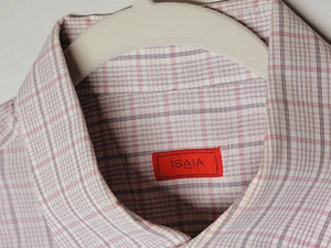 Isaia Napoli Dress Shirt Men Size 18/45 Pink Black Plaid Long Sleeve Button Up - Picture 1 of 10