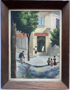Intriguing Antique 20s 30s Art Deco Watercolor Painting Street Scene Signed - Picture 1 of 14