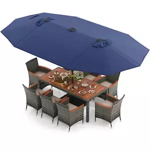 11 PCS Patio Dining Set with 15 ft Double-Sided Patio Umbrella 8 Armchairs - Picture 1 of 12