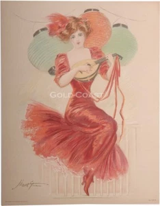 Jugendstil Frau / Papierlaternen / Mandoline 1909 viktorianischer Farblitho Druck - 10x13 - Bild 1 von 1
