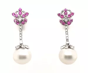 South Sea Pearl and Pink Sapphire Earrings with Diamonds - Picture 1 of 4